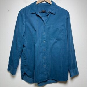 Talbots Women Corduroy Button Front Shirt Large Petite Teal Blue Cotton Casual